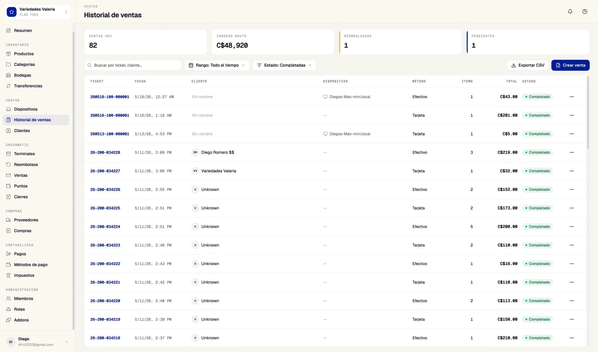 Historial de ventas de Storefront con filtros y detalle por transacción