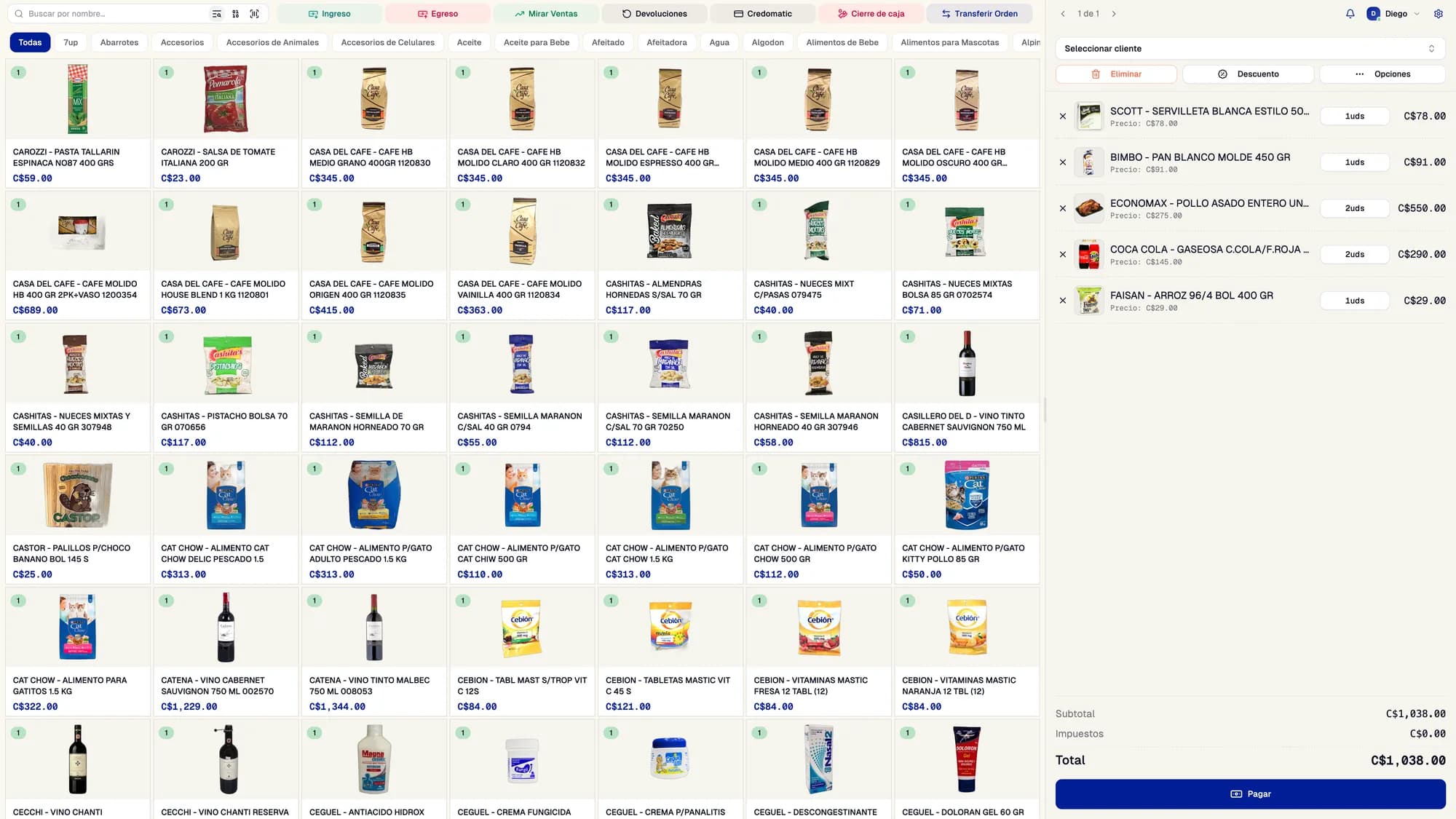 Pantalla de punto de venta de Storefront con productos y carrito de venta