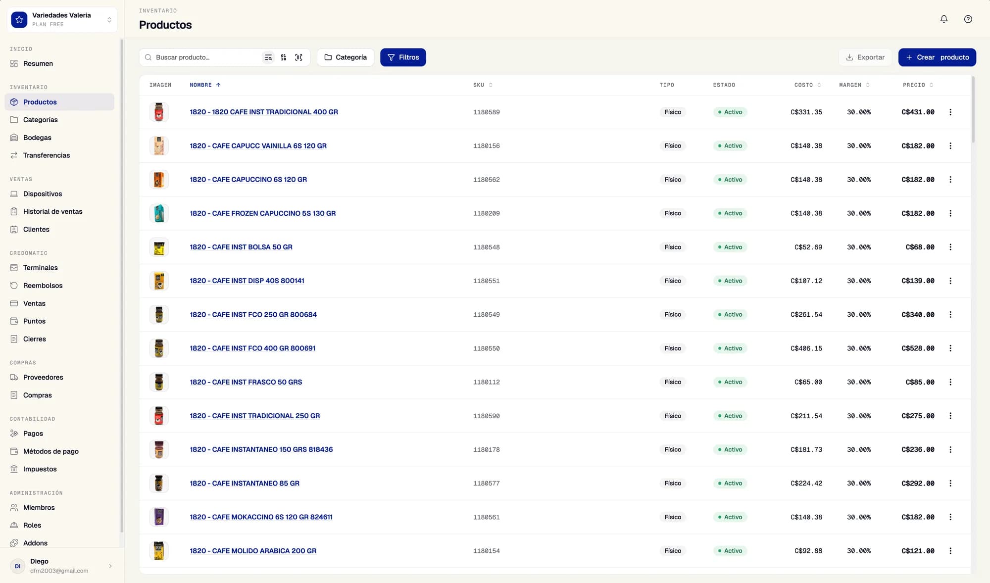 Catálogo de productos de Storefront con costos, márgenes y precios