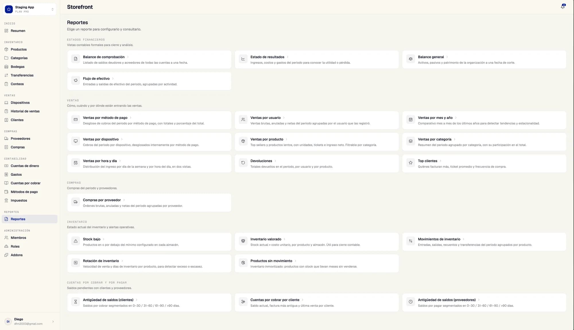 Módulo de reportes de Storefront con reportes financieros, de ventas e inventario