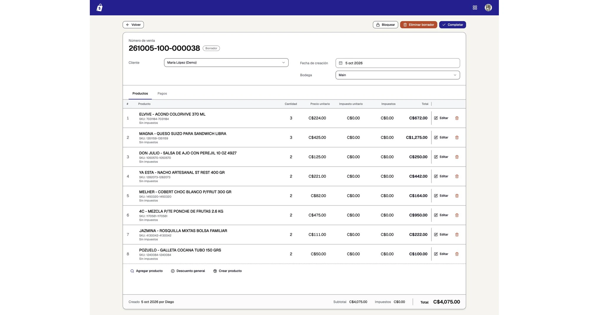 Registro de ventas de Storefront con cliente, productos y total